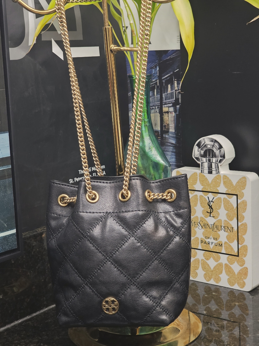 Tory Burch Black Quilted Leather Drawstring Bucket Bag with Gold Chain